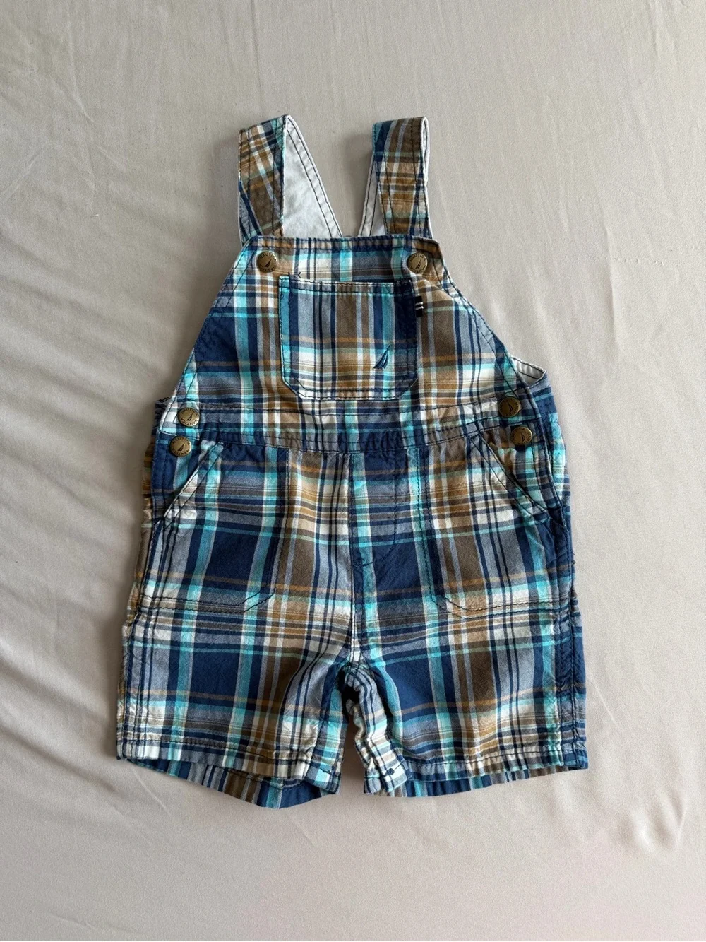 Nautica Blue Plaid Shorts Overalls with Pockets (24M)